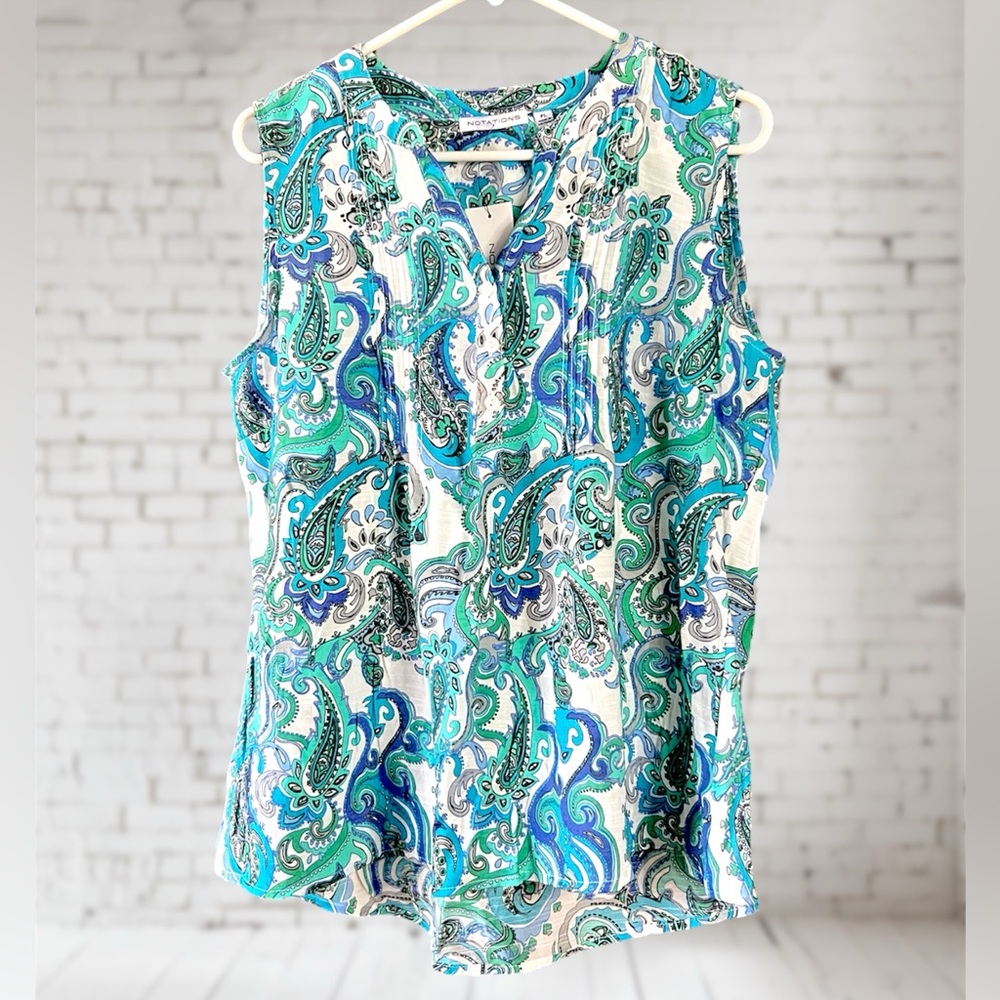 Notations Sleeveless Top with Paisley Print. Petite Size Large. NWT